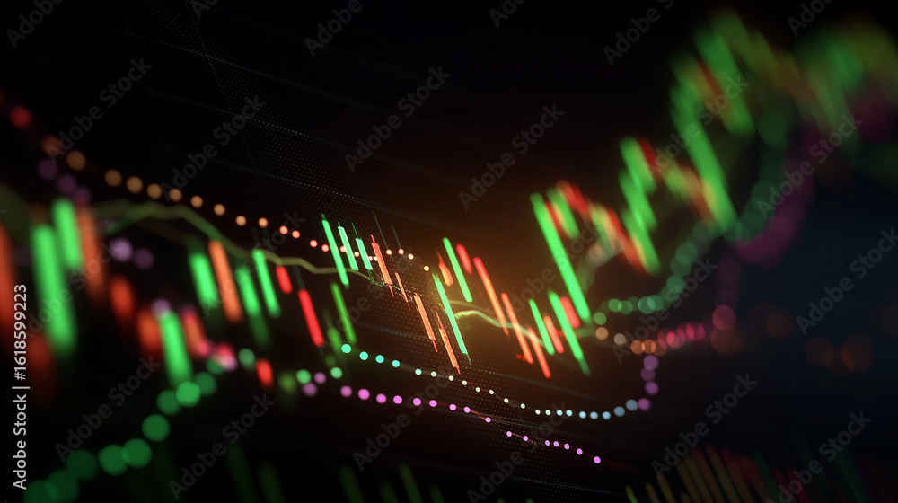 Poster financial fluctuations: a mesmerizing close-up captures the volatile dance of market indicators, sho