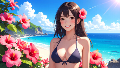 ハイビスカスとビキニ水着を着た若い女性