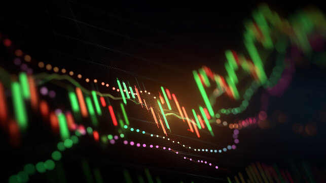 Financial Fluctuations: A mesmerizing close-up captures the volatile dance of market indicators, showcasing the dynamic patterns of financial trading in vibrant colors and complex graphical display.