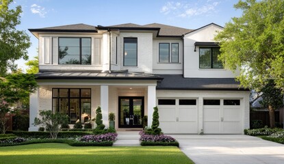 Fototapeta premium Modern, two-story home with white stucco, dark trim, and landscaped yard