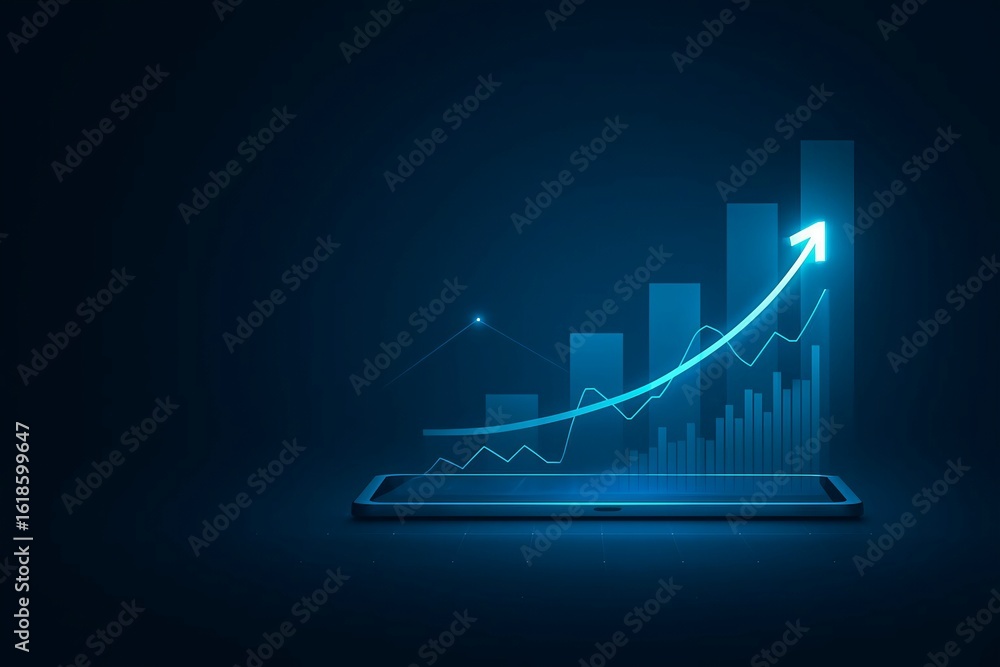 Poster digital growth chart displayed on a smartphone with upward arrow