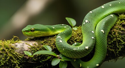 Obraz premium Green tree viper coiled on mossy branch, rainforest setting.