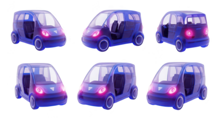 3D rendering of six futuristic electric passenger vehicles in different angles with a white background ideal for transportation concepts