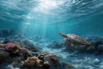 Obraz premium Underwater scene with a sea turtle swimming over vibrant coral reef and colorful fish with sunlight filtering through clear blue ocean water