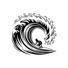 Black silhouette of a surfer riding a breaking wave surfing ocean