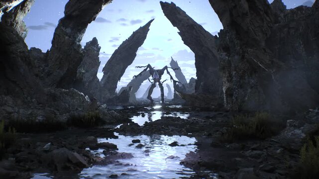 Alien monster grins and screams in the moonlight in a mysterious and epic location. 3d render