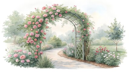 garden arch with delicate roses isolated watercolor