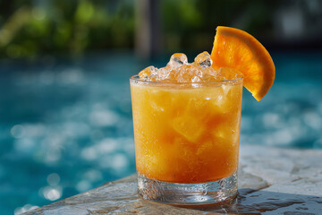 Refreshing orange cocktail with ice and an orange slice garnish by the pool on a sunny day