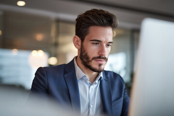 Focused young businessman working on laptop in modern office environment