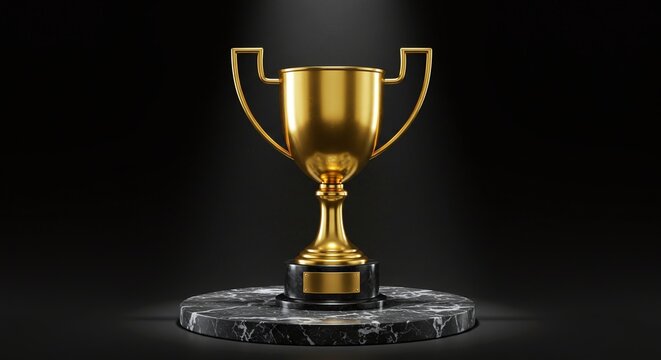 A gleaming golden trophy cup stands proudly on a dark marble pedestal under a brilliant spotlight, symbolizing victory, success, and achievement.