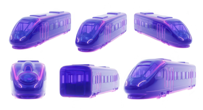 Rendered futuristic train models various views isolated white background for design elements or transportation concepts