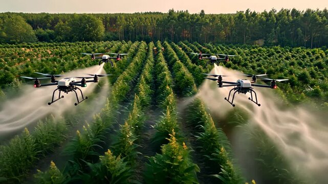 Advanced technology is showcased as multiple drones spray crops in a lush green field, enhancing agricultural practices and productivity