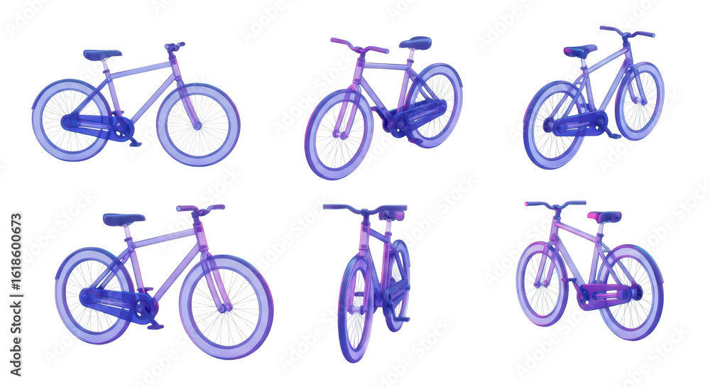 Aufkleber digital render of transparent bicycles in various perspectives on a white backdrop showing design el