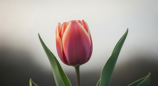 Single red tulip bud with green leaves isolated on transparent background