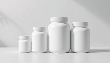Blank White Supplement Bottles Mockup, Pharmaceutical Packaging