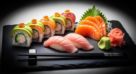 A platter of assorted fresh sushi, including rainbow maki rolls, tuna nigiri, and salmon sashimi, served on a black slate.