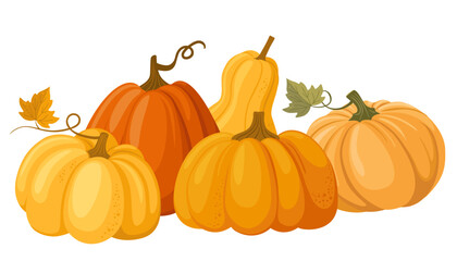 Colorful autumn pumpkins. Seasonal harvest design for greeting or poster