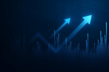 Glowing blue arrows ascend against a dark background symbolizing financial growth and progress