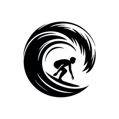 Black silhouette of a surfer riding a wave in a circular design surfing ocean