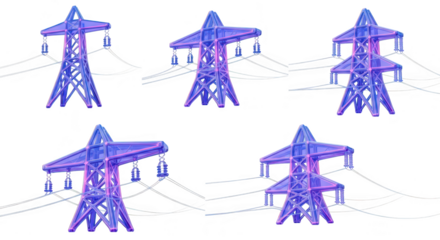 3D illustration of electric towers standing in formation on a white backdrop representing energy transmission for educational purposes