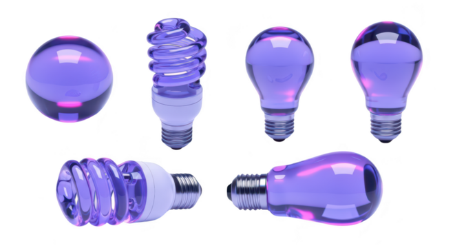 Assorted clear purple lightbulbs on a white background representing energy concept innovation or technology