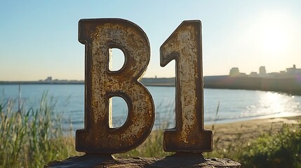 Fototapeta premium Rusted metal letters b1 by the water.