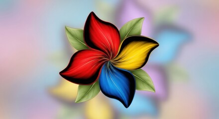 Obraz premium Vibrant multi colored flower with green leaves isolated on transparent background