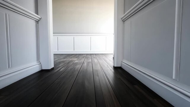 A spacious hallway features stylish wooden flooring and sophisticated architectural elements that enhance the inviting atmosphere