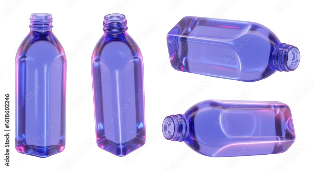 Aufkleber 3d rendered transparent violet bottles in multiple positions against a white background used for hea