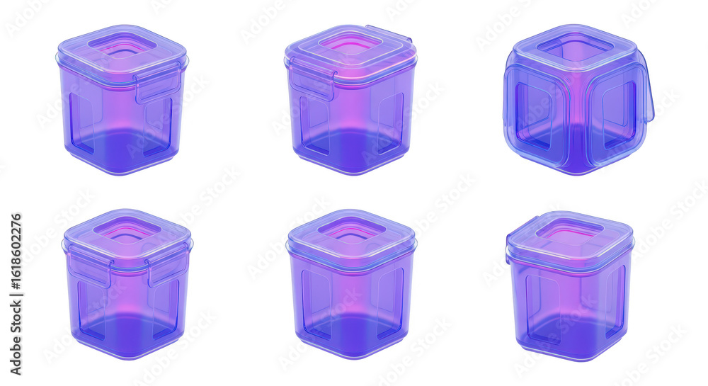 Poster transparent purple cubes on a white background showing different views possible use in data visualiz