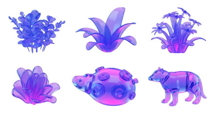 Transparent glowing stylized plant and animal models on white background useable as design elements icons or digital assets