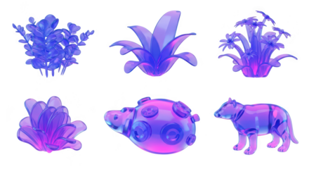 Transparent glowing stylized plant and animal models on white background useable as design elements icons or digital assets