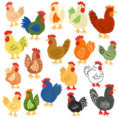 illustration of chickens, bright colors in cartoon style, no background
