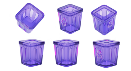Purple translucent trash cans arranged on white various angles for environmental/recycling-related graphics