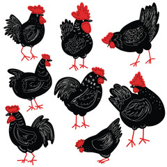 Vector illustration of chickens, black colors in cartoon style, white background
