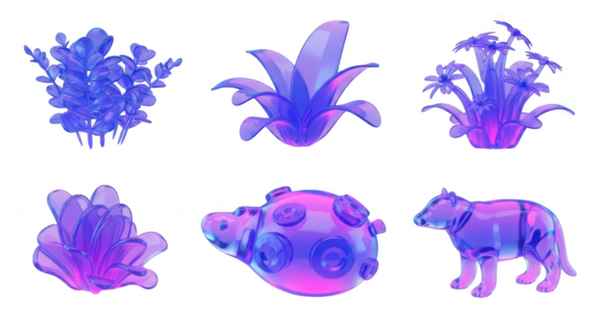 Transparent glowing stylized plant and animal models on white background useable as design elements icons or digital assets