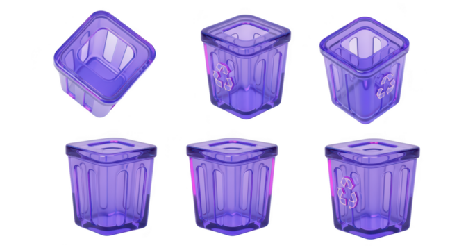 Purple translucent trash cans arranged on white various angles for environmental/recycling-related graphics
