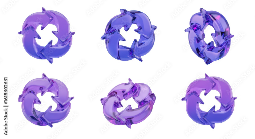 Aufkleber purple 3d circular arrows in various angles rotating on a white background representing recycling pr