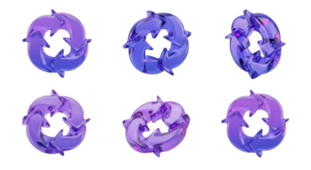 Purple 3D circular arrows in various angles rotating on a white background representing recycling process or renewal