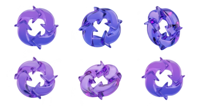 Purple 3D circular arrows in various angles rotating on a white background representing recycling process or renewal