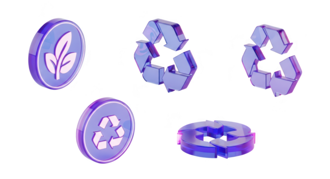 3D rendering of multiple transparent purple icons of recycling and eco-friendly leaf symbols in an isolated white studio background for environmental awareness - Powered by Adobe