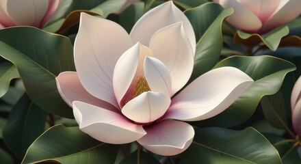 Obraz premium Close up of a delicate pink magnolia flower blooming with green leaves isolated on transparent background