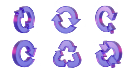 Six 3D purple recycle icons rotating on a white studio background suitable for environmental concepts and graphic design