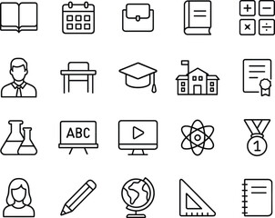 Collection of linear style school and education icons depicting various learning elements and academic concepts
