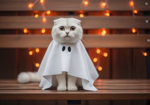Adorable cat dressed as ghost for Halloween