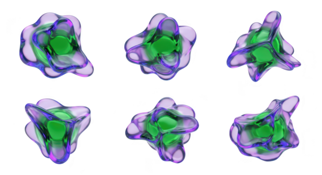 Six abstract 3D rendered glass-like organic shapes with green centers floating against a white background suitable for science design or medical visuals - Powered by Adobe