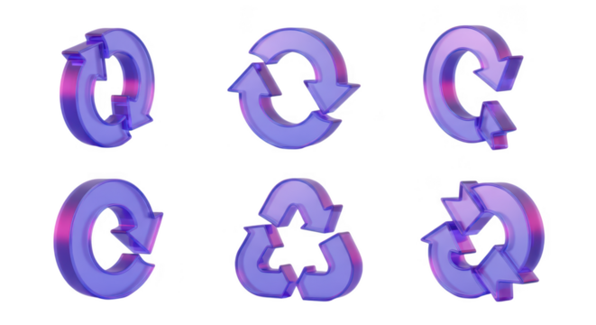 Six 3D purple recycle icons rotating on a white studio background suitable for environmental concepts and graphic design