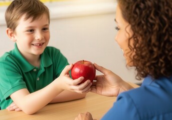 Smiling young boy giving a red apple to female teacher as a gesture of gratitude