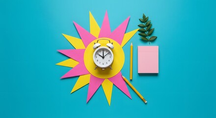 Creative Time Management Concept with Clock and Stationery on Blue Background Academic Planning and Productivity Flat Lay