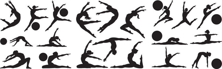 gymnastics women silhouettes with balls action poses. gymnastics women vector set
